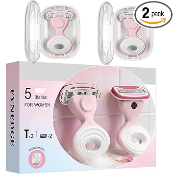 Travel Razors for Women with 5-Blade Razor, Womens Sensitive Skin Razors for Smooth & Comfortable Shaving, Includes 2 Handles+2 Refills+2 Cases