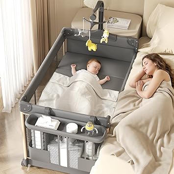 4-in-1 Pack and Play with Bassinet, Bedside Sleeper, Playard, and Changing Table, Folding Travel Crib with Musical Toy Rack & Bag, 4-Level Height Adjust, Newborn to Toddler（Ivy Gray）