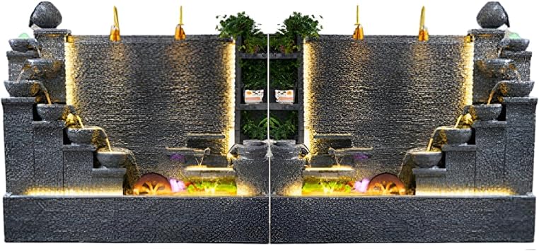 4.92 ft Luxury Elegant Faux Rock Fountain – Vintage Style Garden Home Villa Decor with LED Lights, Waterfall, Crystal Turning Beads, Relief Art for Gift or Decoration.(150 * 38 * 140 CM+Pair)