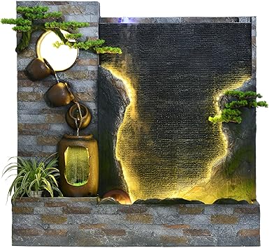 Floor-Standing Water Curtain Wall Rockery Fountain, Suitable for Indoor, Outdoor, Garden, Clubhouse, Courtyard Decorative Screen partition Landscaping Housewarming Opening Gift(Style 1)