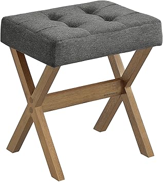 SONGMICS Makeup Stool, Padded Vanity Stool, Foot Rest, Solid Wood X Legs, for Bedroom, Closet, Entryway, 12.6 x 16.5 x 18.1 Inches, Slate Gray and Brown ULSF006GN01