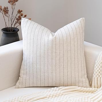 FIOUOVO Decorative Neutral Throw Pillow Covers 18x18 Farmhouse Pillow Covers Cotton Stripe Cushion Covers Home Decor for Sofa Couch Living Room Bedroom 1PC, Pinstripe