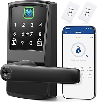 Keypad Smart Door Lock with Handle, Fingerprint Keyless Entry Digital Lock for Front Door,Nyboer Electronic Code Knob, Matte Black, Modern Style, Easy Installation,Deadbolt Alternative