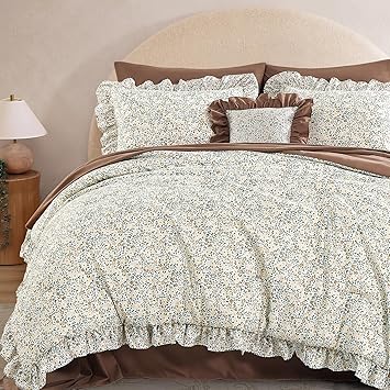 BLOOMHAVEN Queen Comforter Set - 7 Pieces Ruffle Beige Ditzy Bedding Sets, Shabby Chic Farmhouse Bed in a Bag Queen with Floral Comforter,Sheets, Pillowcases & Shams