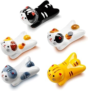5 Pack Cute Cat Chopstick Rest Set, Ceramic Spoon Rest, Chopstick Holder, Korean Kitchenware, Knife Stand for Table Setting, Kitchen Decoration