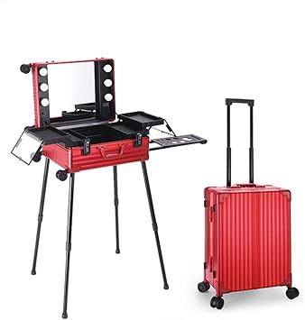 Aluminum Rolling Makeup Case Beauty Trolley LED Light Silver Suitcase Folding Table Bag
