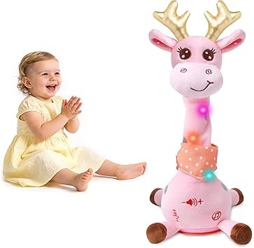 Dancing Talking Giraffe Toy, Stuffed Animal Baby Toy Repeating What You Say, Glowing Musical Giraffe Gifts for Toddlers 1-3 Years Old, for Kids (Pink Giraffe with Golden Antlers)