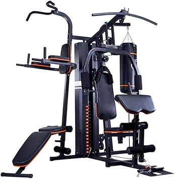 Multi-Station Home Gym Equipment, Steel Construction, 75KG Weight Stack, 3-Station Design, Black and Orange, Commercial Grade Fitness Machine.