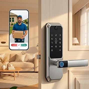 UMIKSMART TUYA WiFi Smart Deadbolt Lock with Handle and Active Video Peephole, Fingerprint Keyless Entry Door Lock for High-End Apartments and Condos, Anti-Peeping PIN, Smart App Remote Access Sliver