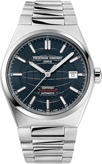 Frederique Constant Mens Swiss Automatic Highlife COSC Silver-Tone Stainless Steel Watch with Bracelet and Additional Navy Rubber Strap, Style: FC-303BL3NH6B