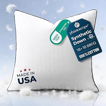 Phantoscope Synthetic Down Pillow Insert - 18x18 Down Alternative, Ultra Soft Large Square Throw Pillow with 100% Cotton for Couch Sham, Bed Sleeping (White, Set of 1) Made in USA