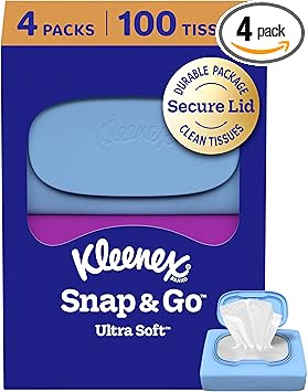 Kleenex Snap & Go Ultra Soft Facial Tissues, 4 On-the-Go Packs, 25 Tissues per Pack, 3-Ply, Packaging May Vary