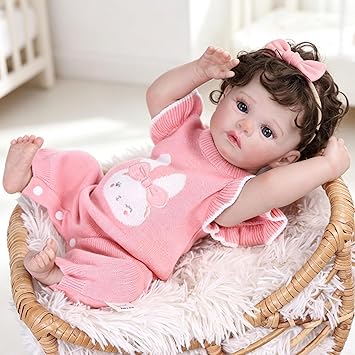 16 Inch Lifelike Reborn Baby Doll, Full Vinyl Body, Poseable Limbs, Pink Knit Outfit & Bear Toy, Realistic Newborn Doll Gift for Toddler Girls Age 3+ (Brown Bear)