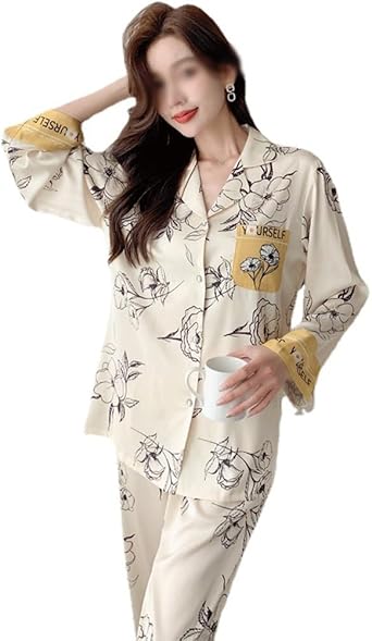 New Pajamas Women's Ice Silk Long Sleeve Printing Set Spring and Autumn Thin Homewear