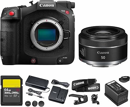 Canon EOS C80 6K Full Frame Cinema Camera RF Mount Triple Base ISO Internal RAW Light Compact Professional Filmmaking (6389C002) + Canon RF 50mm f/1.8 STM Lens + 64GB Card (Renewed)
