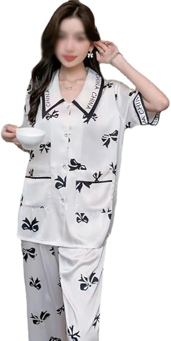 Pajama Women Ice Silk Thin Short Sleeve Lapel Cardigan Set Knot Home Wear