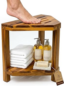 20" Corner Shower Stool for Inside Shower, Acacia Wood Shower Foot Rest for Shaving Legs with Storage Shelf, Waterproof Wooden Shower Bench Seat