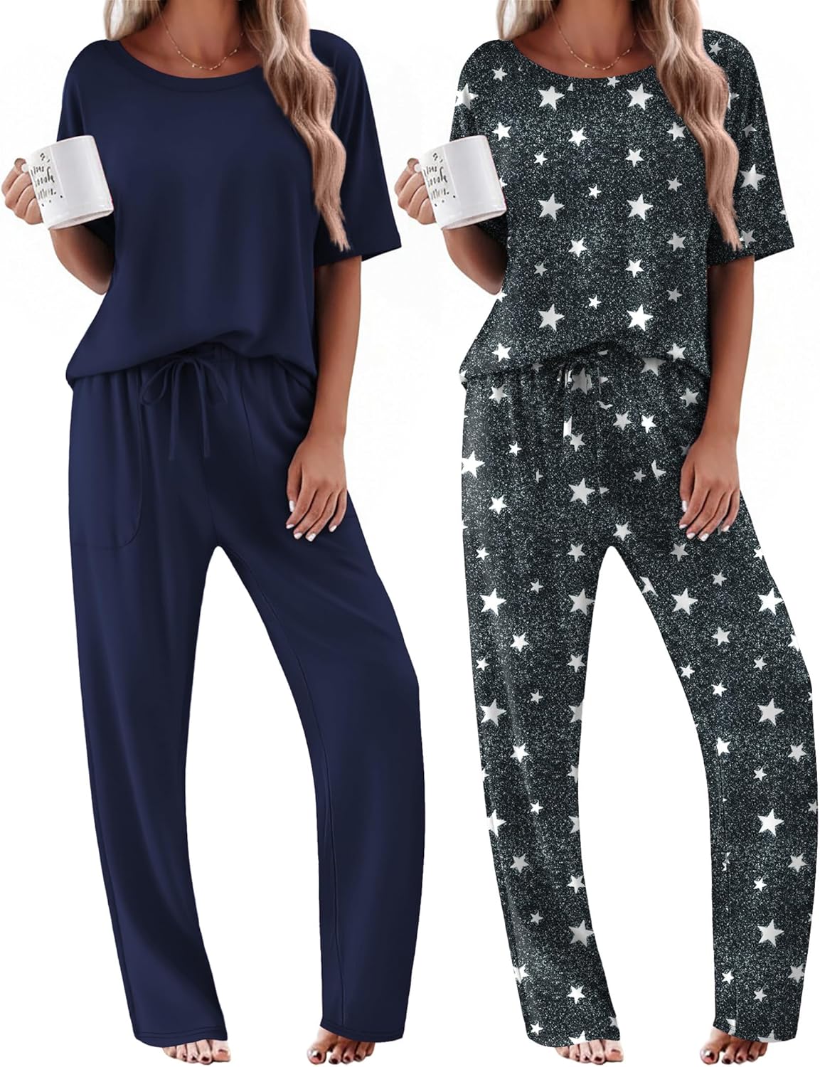 Ekouaer 2 Pack Womens Pajama Sets Short Sleeve Tops and Long Pants Casual Comfy Pjs Lounge Set with Pockets,S-XXL