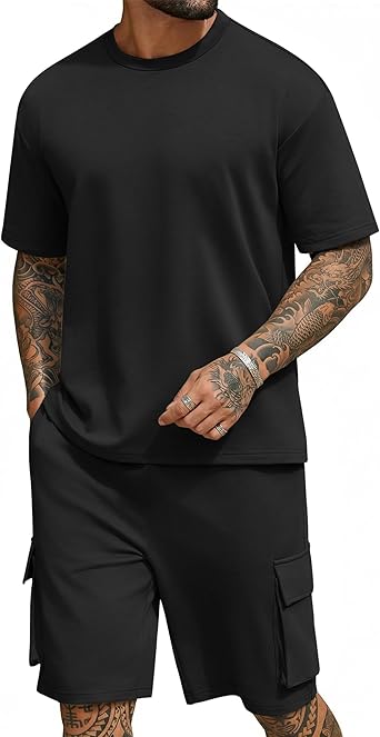 COOFANDY Men's Shirt and Shorts Set 2 Piece Fashion Summer Tracksuits Cotton Oversized T-Shirts Cargo Shorts Outfits