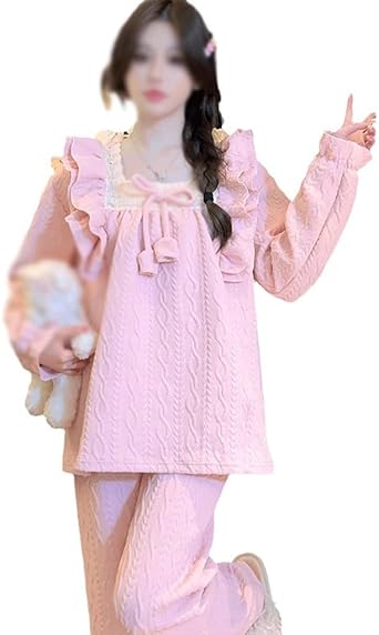 Winter Pajamas Women Interlayer Air Cotton Pullover Long Sleeve Trousers Warm Home Wear Set