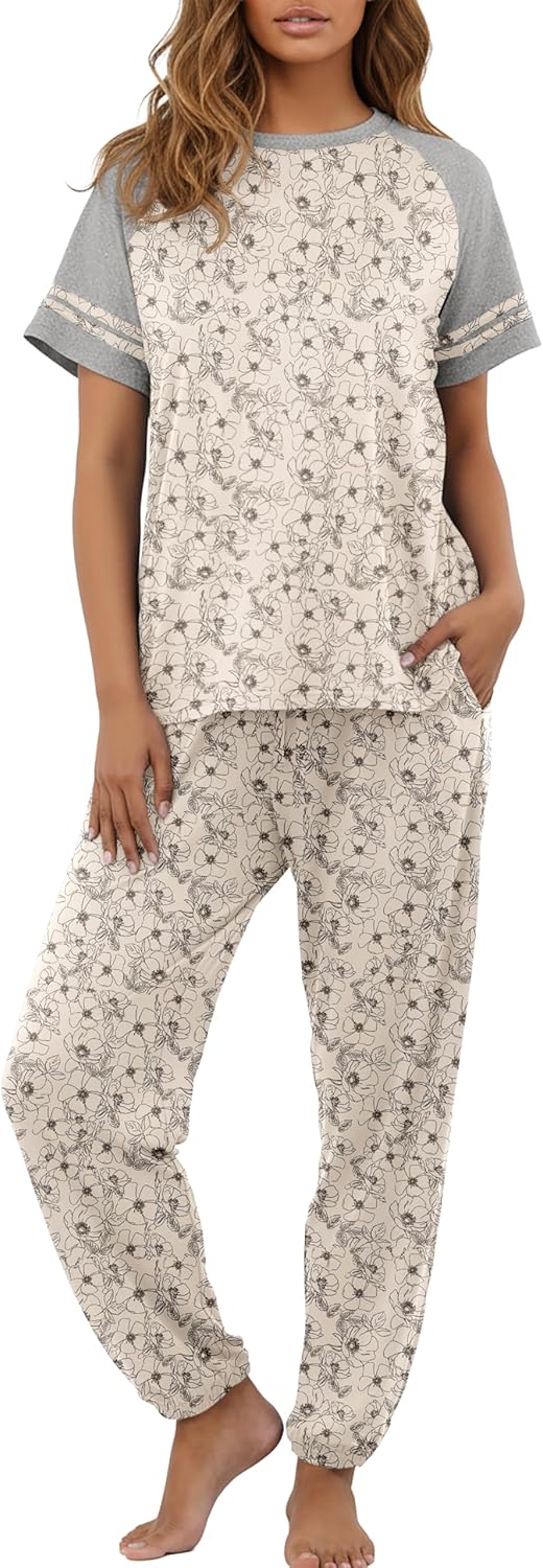 PrinStory Womens Pajama Sets Short Sleeve Pjs 2 Piece Lounge Set Soft Pj Sets Lightweight Sleepwear Loungewear with Pockets