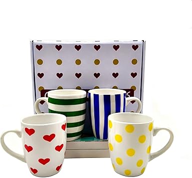 Colorful Porcelain Mug Set of 4 Include Stripes, Polka Dot & Heart Ceramic Coffee Mugs, Gift Boxed Kitchen Cup Set, Bright Everyday Cups for Family, Office & Parties,Housewarming Gift