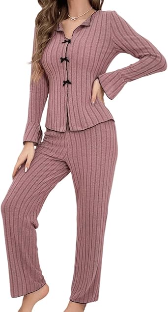 Women's Pajama Sets Long Sleeve Slip-on Warm Sleepwear Nightwear Soft Pjs Lounge Set