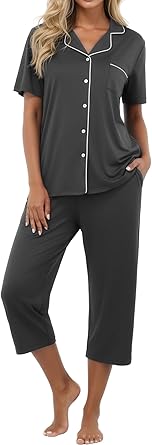 PrinStory Capri Pajamas for Womens Button Down Pjs Short Sleeve Comfy Lounge Set 2 Piece Pj Sets with Pockets