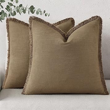 decorUhome Summer Decorative Neutral Linen Fringe Euro Sham Throw Pillow Covers Set of 2 Light Brown Pillow Covers with Tassels Soft Farmhouse Boho Accent Pillow Cases for Couch Bed Sofa 24x24 Inch
