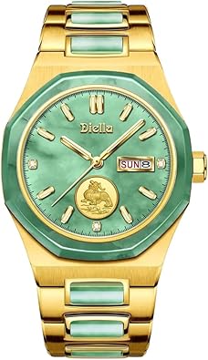 Diella Automatic Watches for Men Mens Watches Waterproof Date Luminous, Dial is Inlaid with Emerald Jade, Crown with Sapphire Automatic Watches for Men Luxurious Gift(AD6076-G)