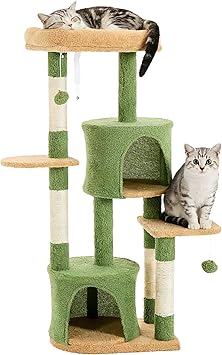 45.3-inch Multi-Level Cat Tree Tower with 3 Soft Platforms & 2 Cat Caves, Fully Wrapped Sisal Scratching Post for Indoor Cats, Dangling Toy, Green