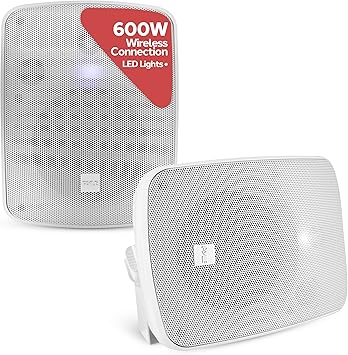 Pyle 5.25" Outdoor Bluetooth Speakers, Waterproof Wall Mount Speaker System with Active/Passive Pair, 600W Power, Weatherproof Housing for Indoor or Outdoor Use, White