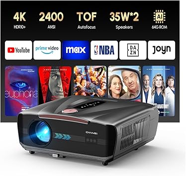 Daytime Projector 4K 2026 Upgraded 2400 ANSI [Auto Lens Cap] HDR10+ Ultra HD Smart Projector with AI-PQ ToF Autofocus HDMI eARC 64GB Dolby Audio for Movie Night Home Theater Gaming Daylight Viewing