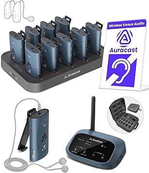 Avantree AuraPlex MX - Auracast Assistive Listening System for Church, Works with Auracast Hearing Aids, 1 Transmitter & 10 Receiver Devices, Expandable, 328ft Range for Events & Classrooms