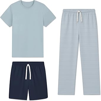 Mens Pajamas Set 3 Pieces Comfy Lounge Pj Loose Fit Sleepwear Crewneck Top Loungewear Pajama with Pockets