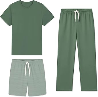 Mens Pajamas Set 3 Pieces Comfy Lounge Pj Loose Fit Sleepwear Crewneck Top Loungewear Pajama with Pockets