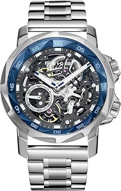FEICE FM511 Men's Automatic Skeleton Watch, Luxury Sapphire Crystal Glass Blue Dial Luminous Hands, 5ATM Waterproof Sport Wristwatch with Silicone Strap for Men, Casual Mechanical Watches for Men.