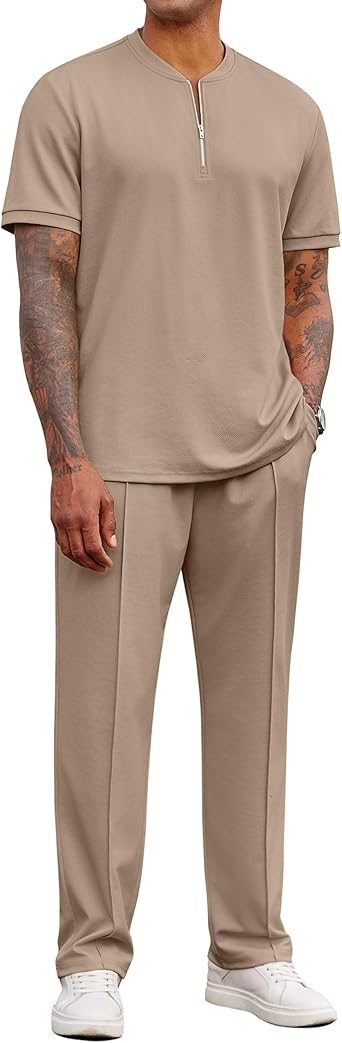 COOFANDY Men's 2 Pieces Outfits Casual Quarter Zip Polo Shirt and Jogging Pants Summer Tracksuits Set
