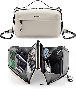 LUGGEX Large Travel Tech Pouch, Cable Organizer Bag with Removable Crossbody Strap, Dual Accessories Bag & Water Resistant for Kindle, Chargers, Cord, Earphone for Travel Office, Beige