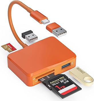 SD Card Reader, 5 in 1 USB-C & USB Card Adapter with SD/MicroSD/MS and Dual USB-A Ports Memory Card Reader for iPhone 17/16/15 Pro Max iPad MacBook Pro/Air M4/M3 Android Phone/Tablet PC (Orange)