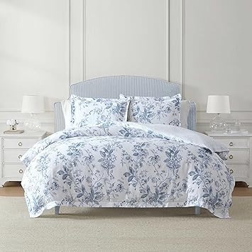 Martha Stewart - Queen Comforter Set, 100% Silky Smooth Cotton Sateen Floral Bedding for Year Round Comfort, 3 Piece Bed Set with Matching Pillowcases (Songbird Blue)