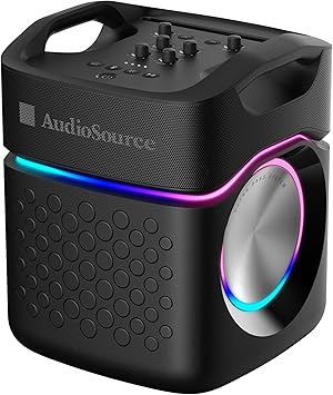 Audiosource Party Speaker w/Built-in Subwoofer, Passive Radiators, 160W, IPX5 Waterproof, RGB Light, Portable Outdoor Bluetooth Karaoke Speaker, Dual Mic Inputs, Ultra Bass Boost, Party Link Pairing