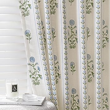 Floral Pinch Pleated Linen Curtains for Living Room Bedroom Dining Room, Light Filtering Memory Trained Luxury Block Print Pleat Drapes with Hooks, Blue & Beige White, 40" W x 96" L, 2 Panels