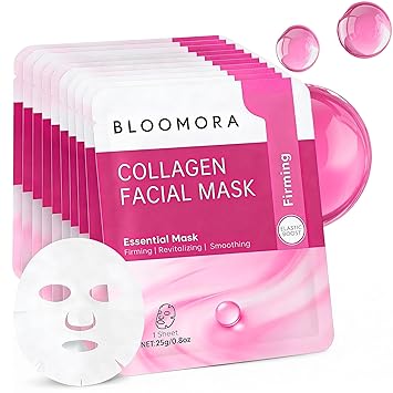 BLOOMORA 10 Pack Collagen Face Mask Set, Hydrating Collagen Sheet Mask for Firming Skin Care, Replenishing Care for Smooth & Healthy-Looking Skin, Spa Gifts for Women