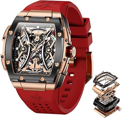 OUPINKE Watch Men Self Winding Luxury Skeleton Mechanical Business Dress Square Wrist Watches Calendar Black Watches