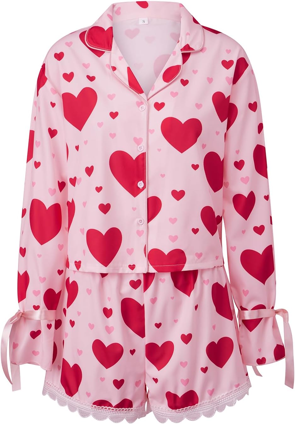 2Pcs Pajamas Sets for Women Long Sleeve Lapel V Neck Heart Print Loose Fit Tops and Elastic Waist Shorts Loungewear