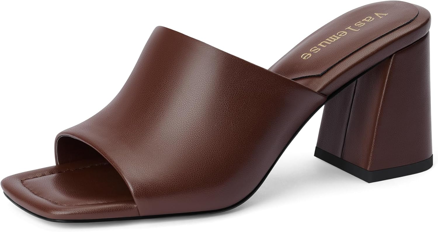 Vaslemuse Mule Heels For Women, Chunky Block Heeled Sandals, Square Open Toe Casual Comfort Slide Shoes