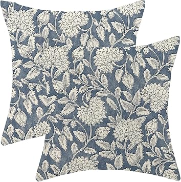 Boho Pillow Covers 18x18 Set of 2 Vintage Blue Floral Throw Pillow Covers Outdoor Decoration Block Print Flower Pillowcase Farmhouse Decorative Linen Cushion Case for Home Couch Sofa