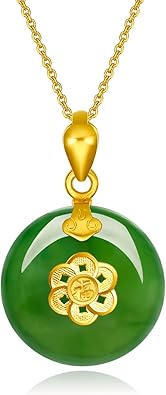 ZHOU LIU FU 24K Solid Gold Pendant Real Pure Gold Green Nephrite Jade Jewelry Accessory Round Flower Pendant for Women Mom Daughter Birthday Anniversary (Not Include Necklace)