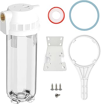 Whole House/RV Water Filter Housing Clear, 10" X 2.5" Inline Sediment Water Filter for RV, Home, Garden, Aquarium, Maple Syrup RO System, 3/4" Brass Port,R-Type O-Ring,Heavy Duty Bracket-1025CBH